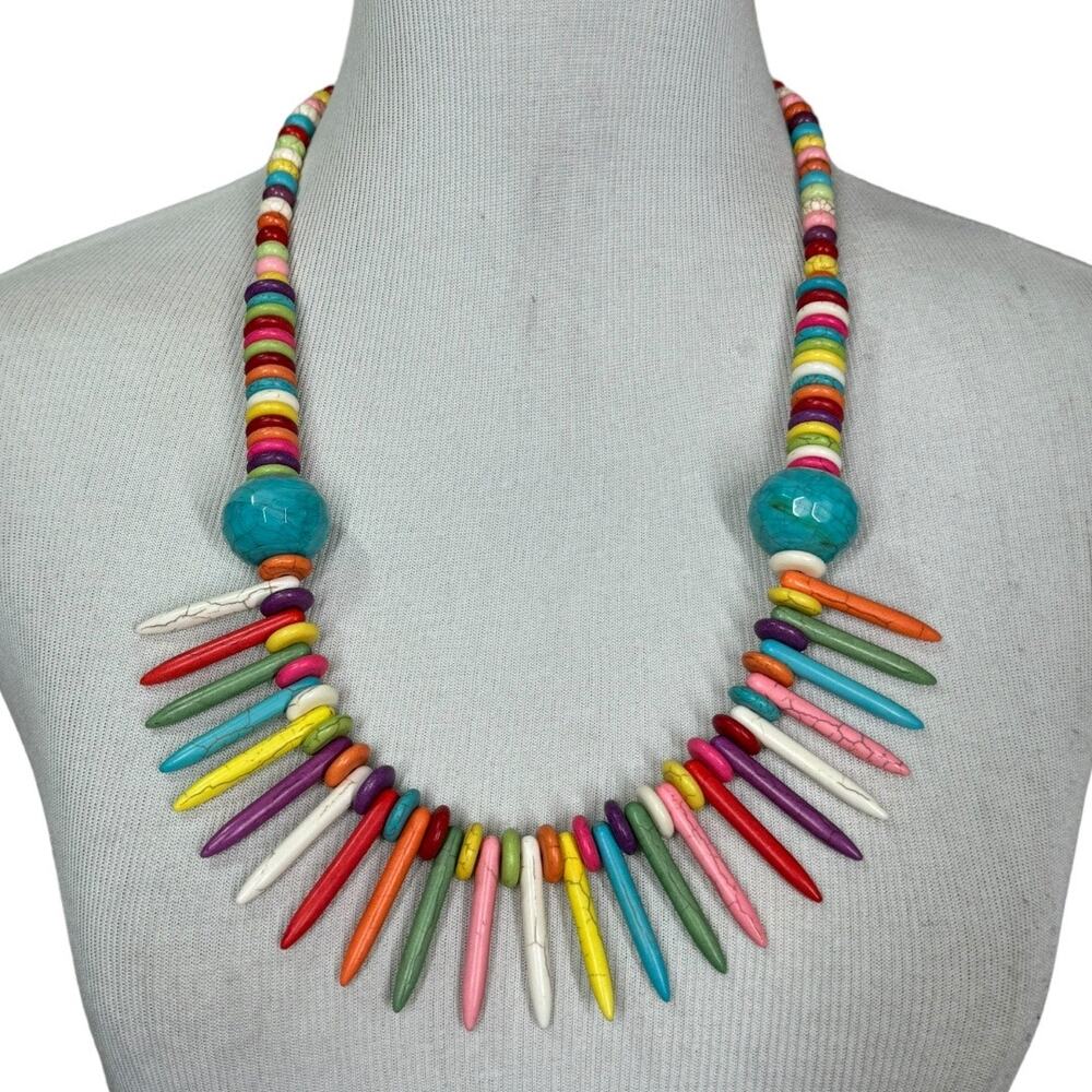 Vintage Rainbow Howlite Beaded Necklace Spike Confetti Funfetti Statement Funky
